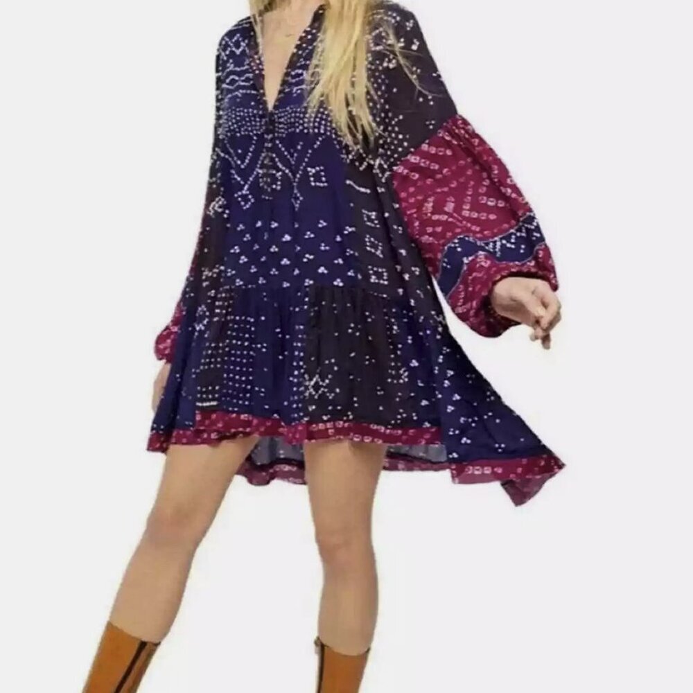Free People Shibori Tunic Combo Festival Mini Dress Blue Pink Indigo Size S